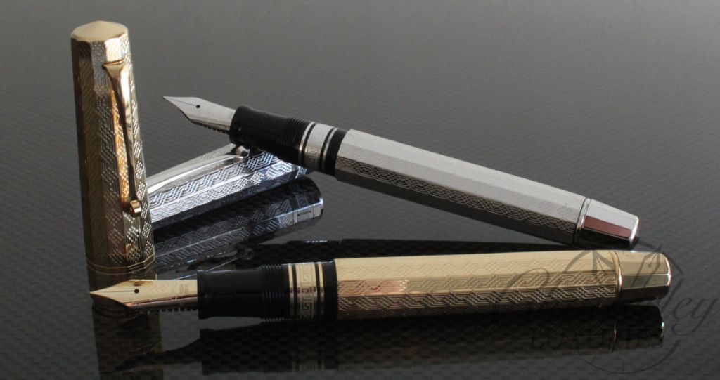 Handcrafted Sterling Silve Ballpoint Pen With Italian Artisans Guilloché  Gold Plated Details 