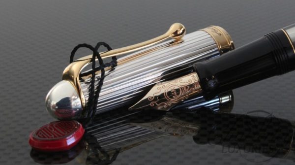 Aurora Optima Black Solid Sterling Silver Cap Piston Filled Fountain Pen Gold Trim