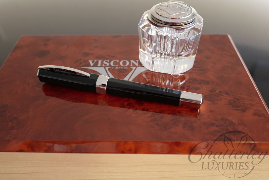 Visconti Black Guilloche Opera Master Fountain Pen with crystal inkwell