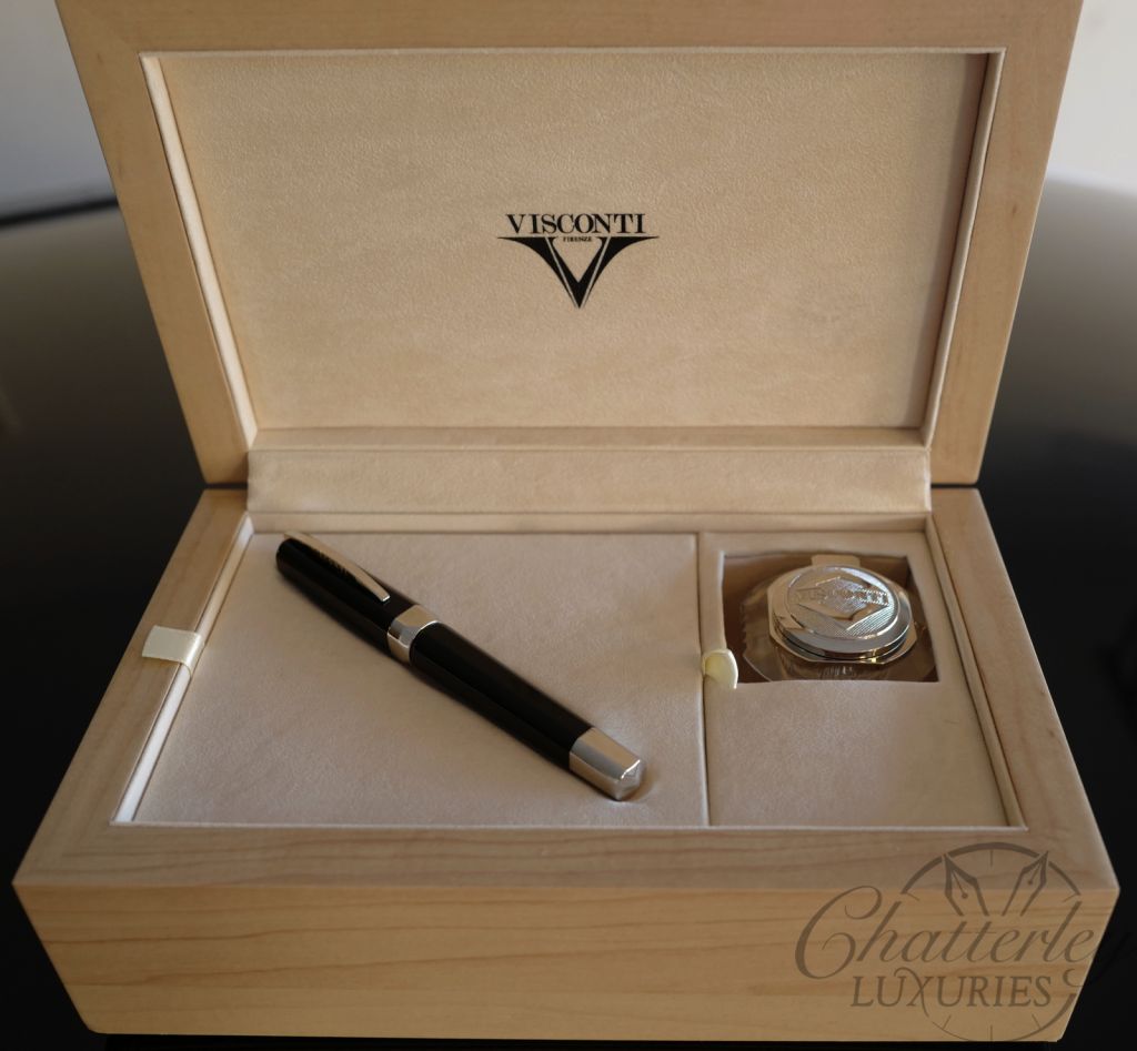 Visconti Black Guilloche Opera Master Fountain Pen with crystal inkwell