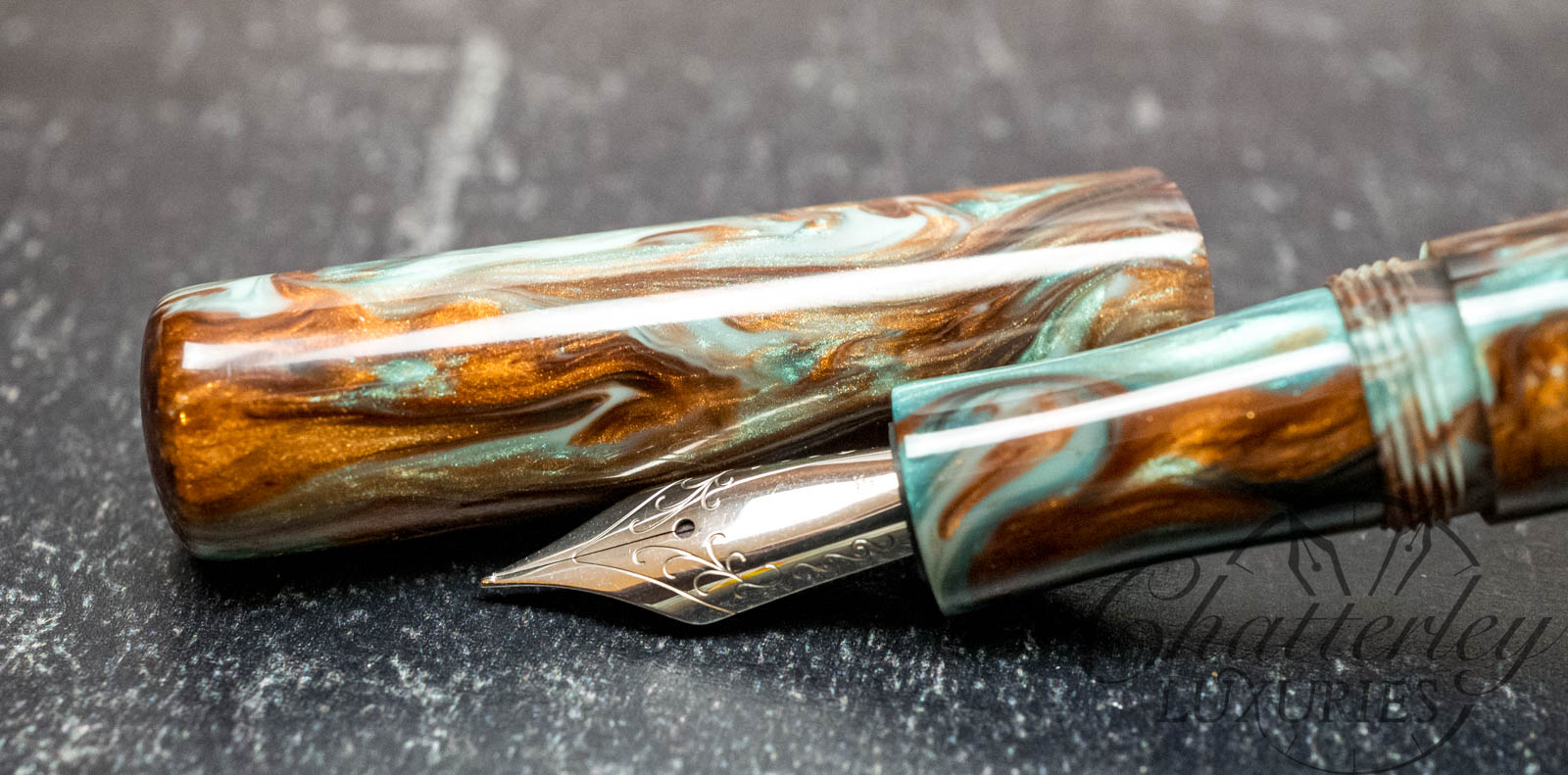 On A Whim Woodworks Zephyr in Teal Agate Fountain Pen - Chatterley