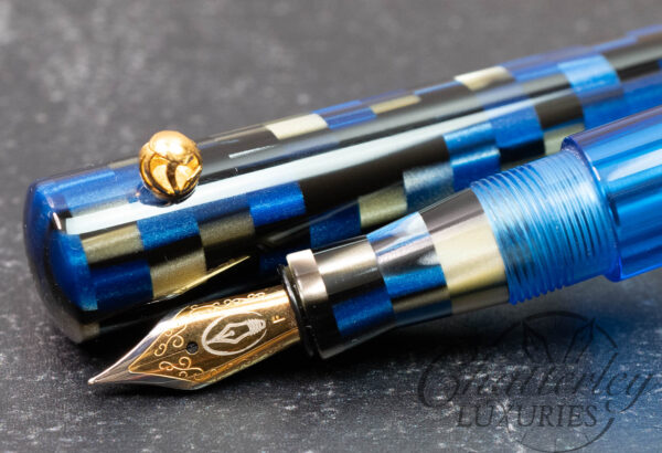 Edison Pen Co. Extended Mina Level Blue/Black Checkered Fountain Pen with Roll Stop