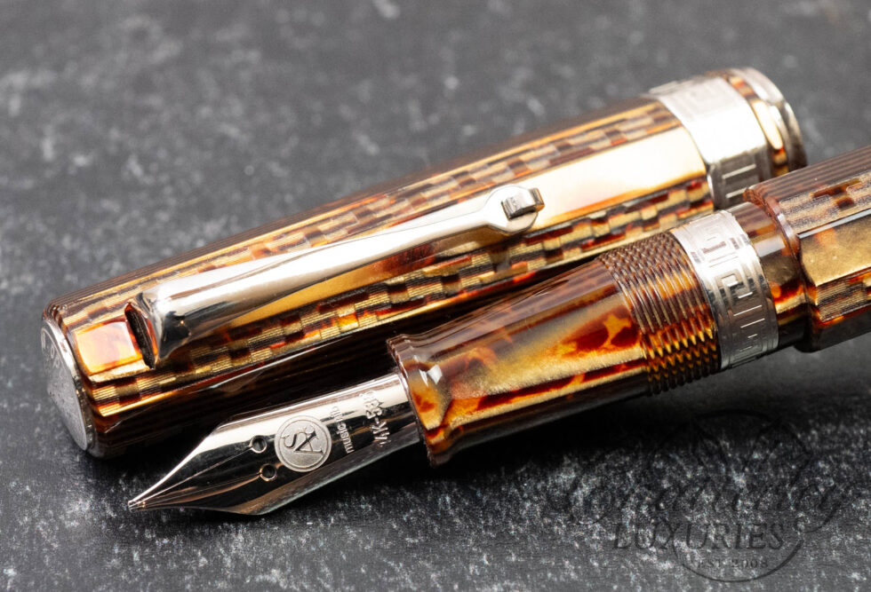 Armando Simoni Club Gladiatore Medio Chased Bronze Arco Celluloid Prototype Fountain Pen