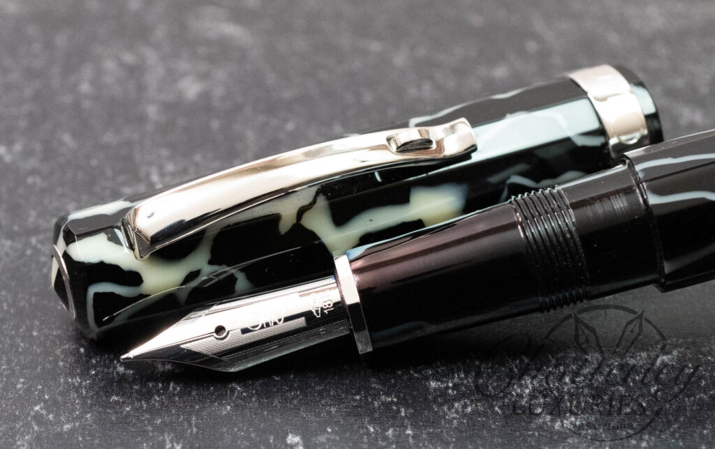 OMAS Paragon fountain pen in 'Milord Wild' celluloid featuring the iconic 12-faceted design and handcrafted 18K Fine nib, made in Italy