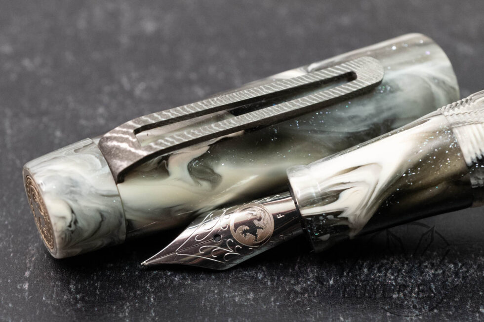 Atelier Lusso Draco Fubuki Koi Grey Cream Resin Fountain Pen with Cutaway Damascus Steel Clip