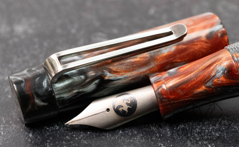 Atelier Lusso Draco Grey and Orange Resin Fountain Pen with #8 Titanium Nib & Cutaway Damascus Steel Clip