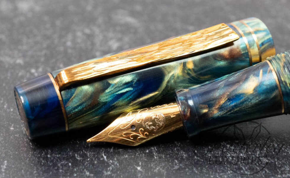 Atelier Lusso Carina 15 Green & Blue Resin Fountain Pen with Bronze Hammered "Shredded" Clip