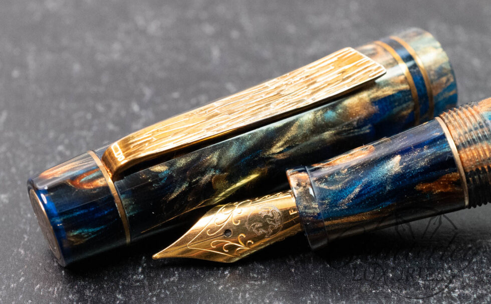 Atelier Lusso Carina 15 Blue & Gold Resin Fountain Pen with Bronze Hammered "Shredded" Clip