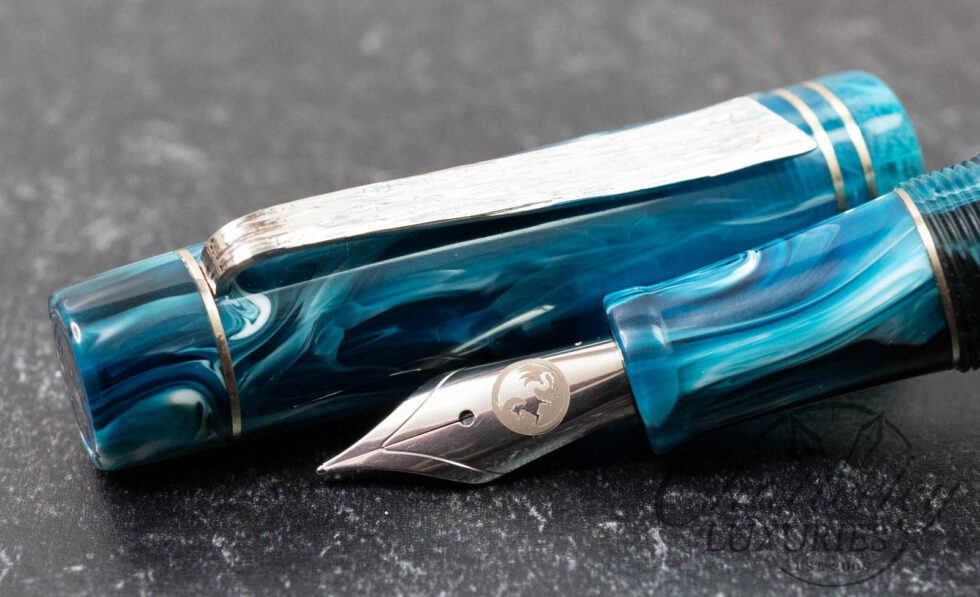 Atelier Lusso Carina 15 Teal & White Resin Fountain Pen with Hammered "Shredded" Clip