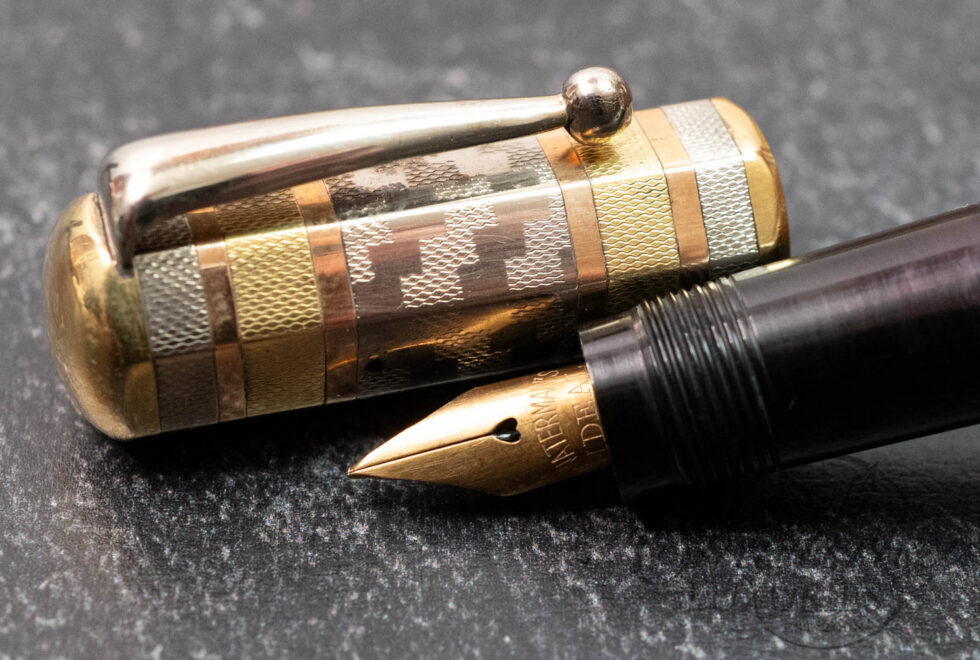 Waterman 42 Vintage Italian Continental Octagonal Overlay Tri-Tone 18k Rolled-Gold Safety Fountain Pen