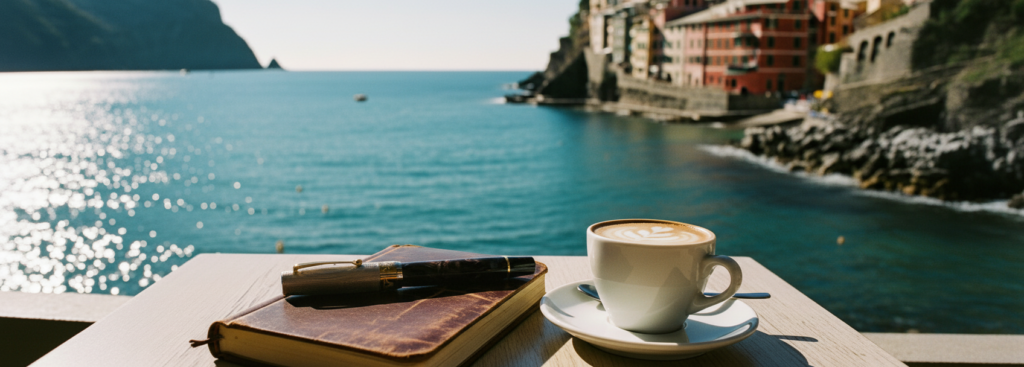 OMAS Bologna Galassia Argento fountain pen with a journal, on a table overlooking the Italian seaside