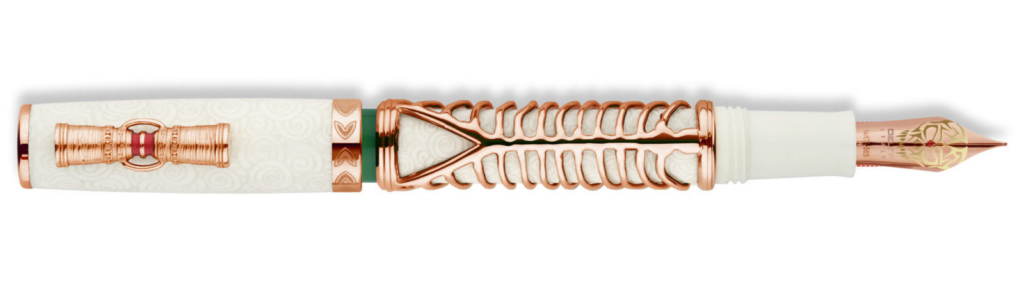 Close-up of a the Simbu Indigenous People Collection 2025 “Dancing Skeletons” White and Rose Gold Limited Edition Fountain Pen
