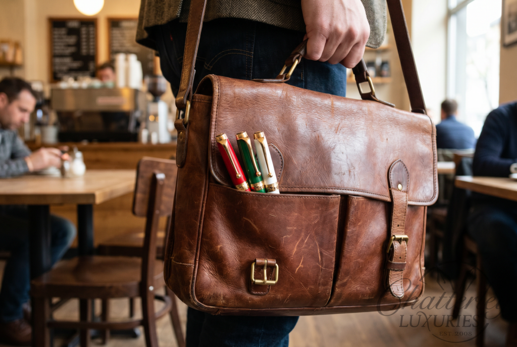 Aurora luxury fountain pens in Italian red and green with 18K gold trim showing Turin craftsmanship and design heritage
