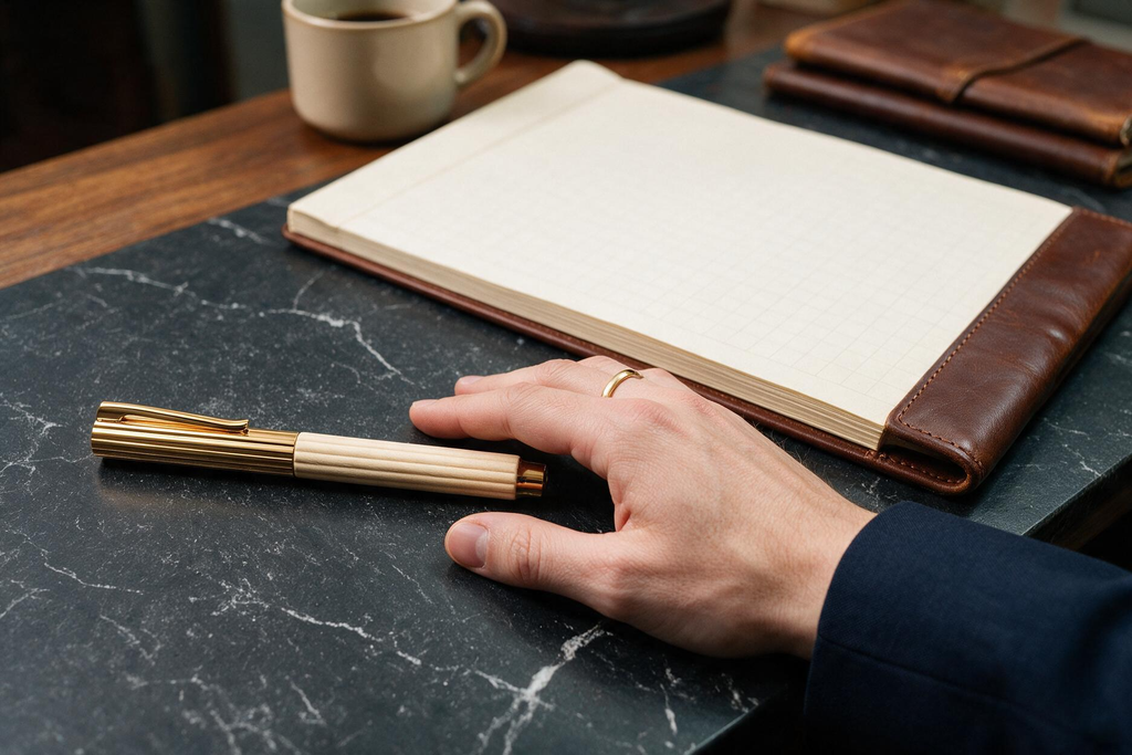 Graf von Faber-Castell Bloom, Hornbeam Wood on desk with hand reaching for it